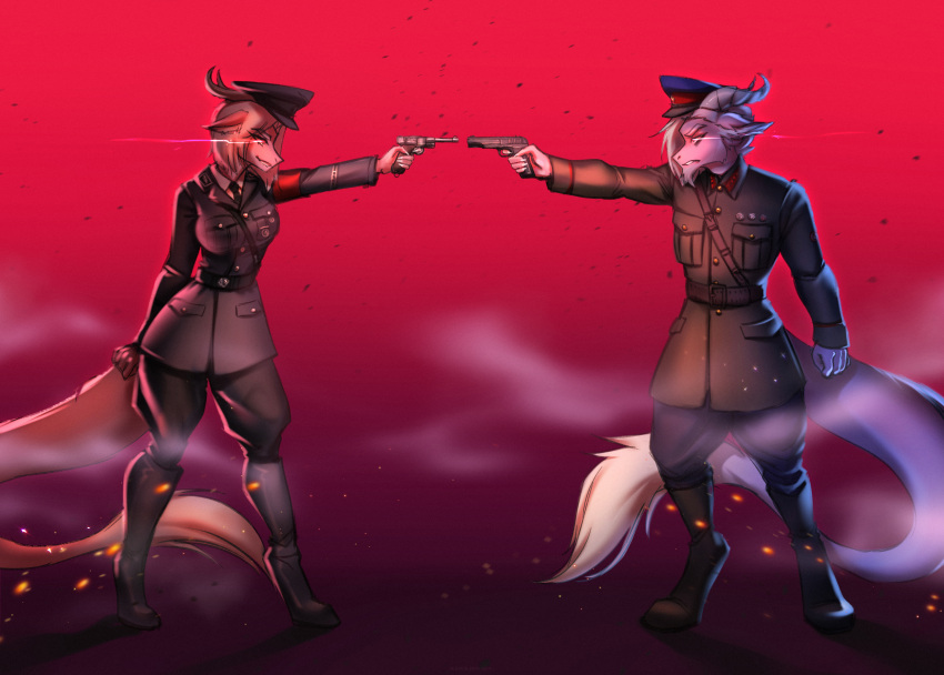 2023 aiming_at_another alen_(saren662) amarihel angry anthro beard betl boots clothed clothing dragon duo eiris_(saren662) eye_contact facial_hair female footwear fully_clothed fur furred_dragon furred_scalie grin gun handgun hi_res holding_object holding_weapon horn looking_at_another male mythological_creature mythological_scalie mythology nazi nkvd pink_body pistol pockets ranged_weapon russian scalie smile soviet_union tail tail_tuft tuft uniform weapon