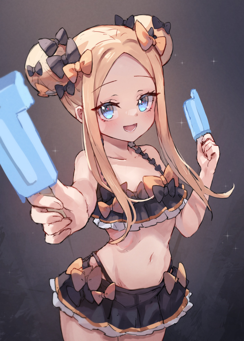 abigail_williams_(emerald_float)_(fate) abigail_williams_(fate) bare_shoulders bikini black_bikini black_bow black_skirt blonde_hair blue_eyes blush bow breasts collarbone double_bun double_popsicle fate/grand_order fate_(series) female food forehead frilled_bikini frills hair_bun hairbow highres holding holding_food holding_popsicle incoming_food long_hair looking_at_viewer microskirt miya_(miyaruta) multiple_hair_bows navel open_mouth orange_bow outstretched_arm parted_bangs popsicle skirt small_breasts smile solo sparkle swimsuit thighs unequal_popsicle_division