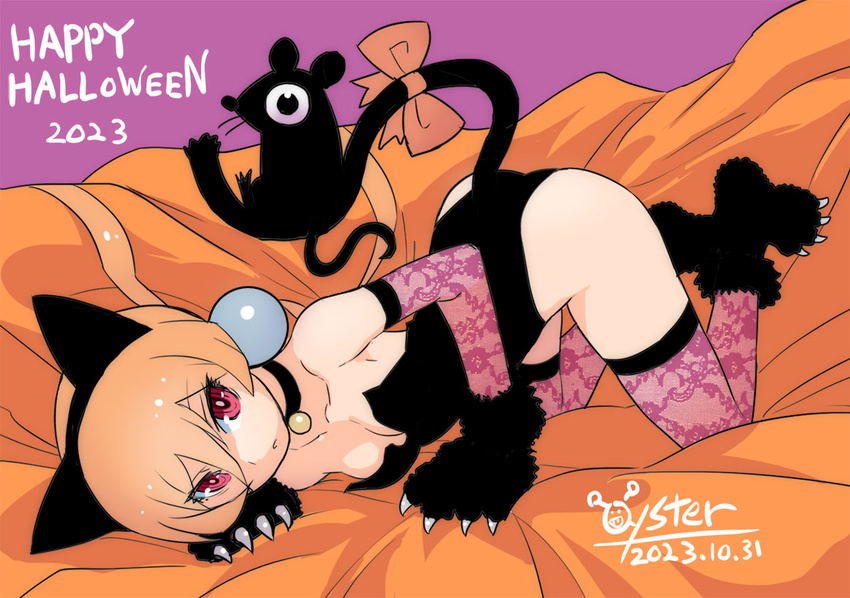 alisa_southerncross alternate_costume animal_ears cat_ears cat_girl cat_tail choker elbow_gloves extra_ears female gloves halloween halloween_costume keroro_gunsou leotard long_hair looking_at_viewer mouse_(animal) orange_hair oyster_(artist) red_eyes ribbon socks tail thighhighs twintails