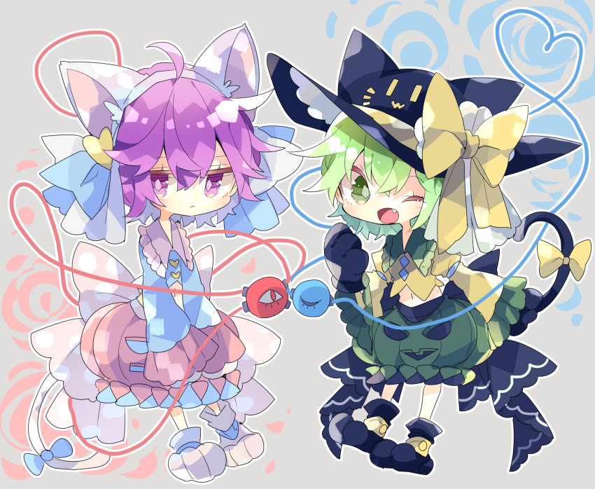 2girls adapted_costume ahoge animal_ears animal_hands animal_hat back_bow black_bow black_footwear black_gloves black_headwear blue_flower blue_ribbon blue_rose blue_shirt bow cat_ears cat_hat cat_tail chibi cropped_shirt fake_animal_ears floral_background flower frilled_sleeves frills full_body gloves green_eyes green_hair green_skirt grey_background hair_ribbon hairband hand_up hat hat_bow heart heart_of_string highres komeiji_koishi komeiji_satori long_sleeves looking_at_viewer medium_hair midriff multiple_girls nikorashi-ka oerba_yun_fang one_eye_closed paw_gloves paw_shoes pink_eyes pink_hair pink_skirt pumpkin_skirt ribbon rose shirt siblings sisters skirt tail tail_bow tail_ornament third_eye touhou white_footwear white_ribbon wide_sleeves yellow_bow yellow_shirt