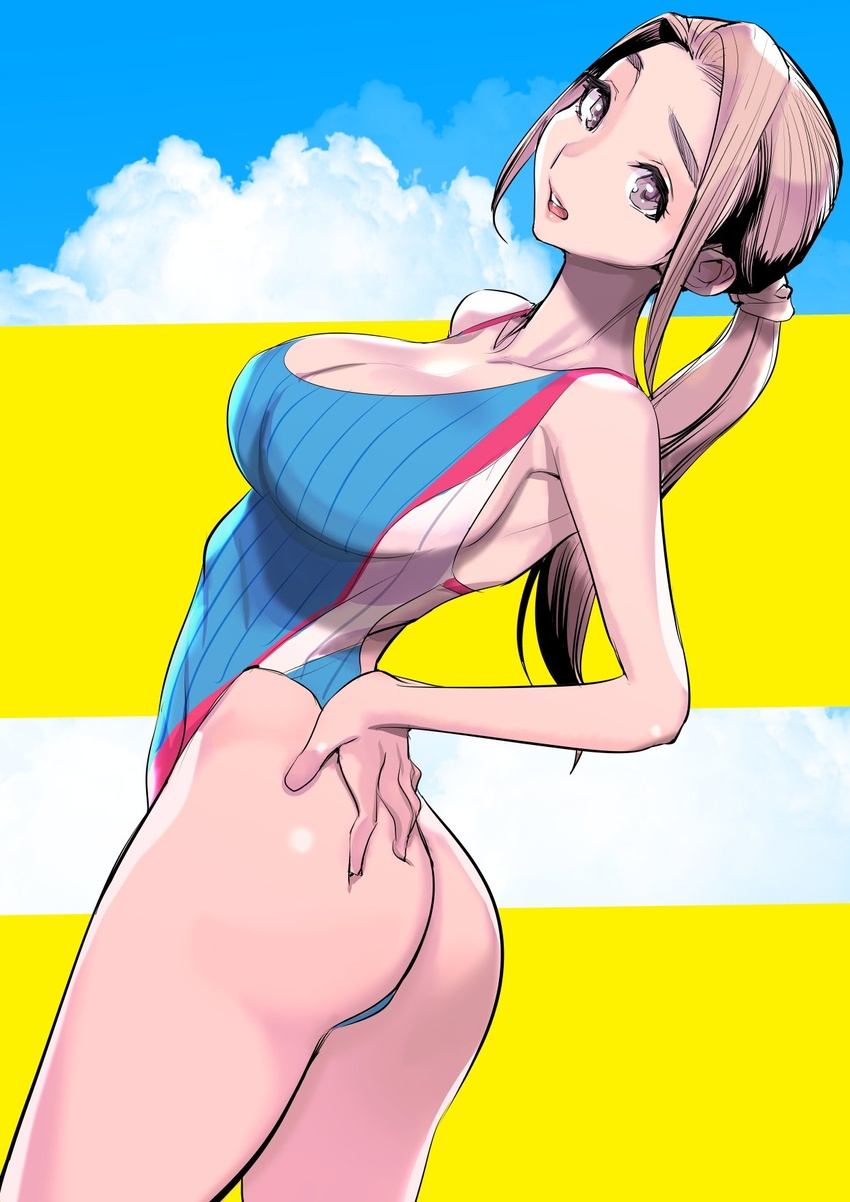 ass bare_arms bare_hips bare_legs bare_shoulders breasts brown_eyes brown_hair cleavage competition_swimsuit cowboy_shot dutch_angle dytm female forehead from_behind hand_on_own_ass highleg highleg_swimsuit highres large_breasts leaning_back long_hair looking_at_another looking_back multicolored_clothes multicolored_swimsuit one-piece_swimsuit one-piece_thong open_clothes open_mouth original pinstripe_pattern pinstripe_shirt ponytail pool_monitor_part-timer_(dytm) shiny_skin shirt sideboob sky smile solo striped swimsuit