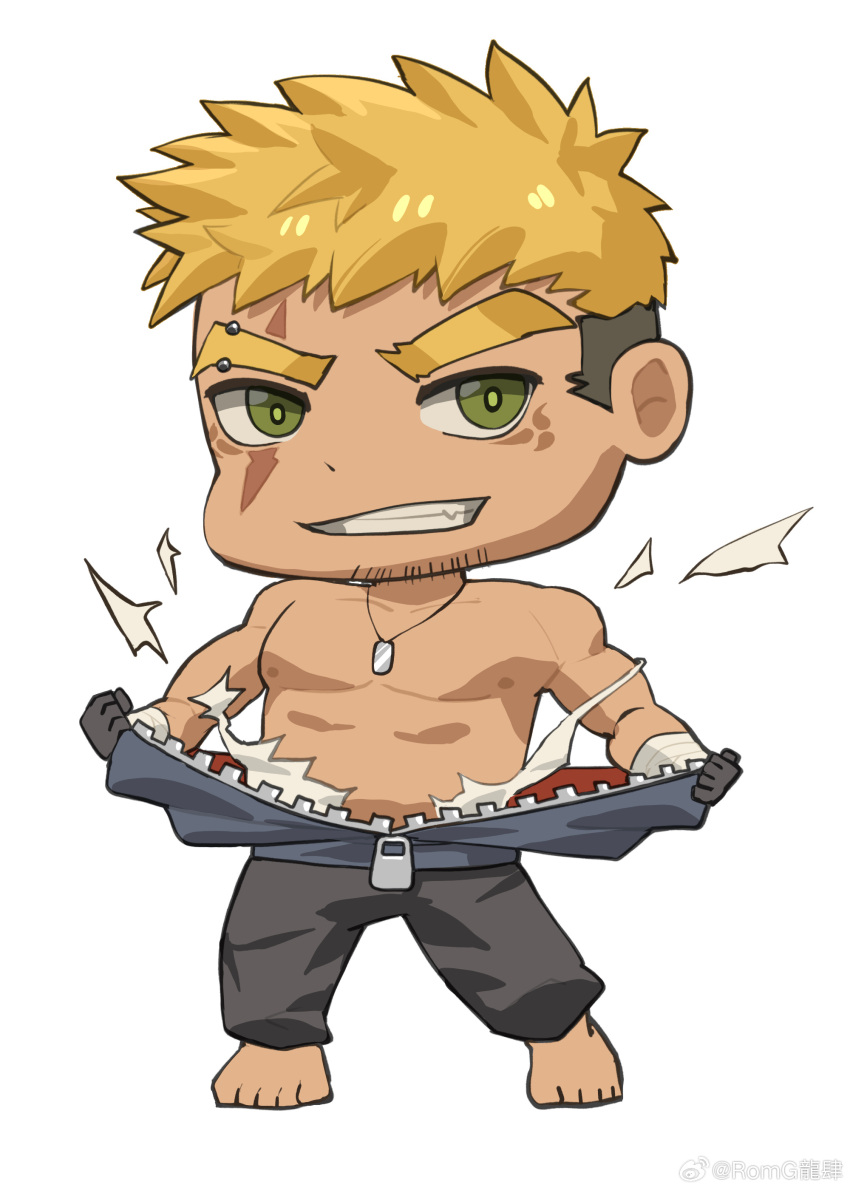 1boy absurdres bara bare_pectorals blonde_hair chibi chibi_only dog_tags facial_hair full_body goatee gyee highres huge_eyebrows male_focus mature_male muscular muscular_male nipples original pectorals romg sanpaku scar scar_across_eye second-party_source short_hair sideburns solo tearing_clothes tekkowang torn_clothes undercut undressing zipper