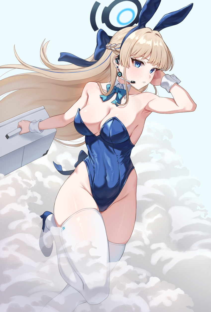 animal_ears blonde_hair blue_archive blue_bow blue_bowtie blue_eyes blue_hair blue_halo blue_leotard bow bowtie braid breasts cleavage detached_collar earpiece fake_animal_ears female halo highres kadokadokado leotard long_hair medium_breasts multicolored_hair official_alternate_costume parted_lips playboy_bunny rabbit_ears solo strapless strapless_leotard streaked_hair thighhighs toki_(blue_archive) toki_(bunny)_(blue_archive) white_thighhighs wrist_cuffs