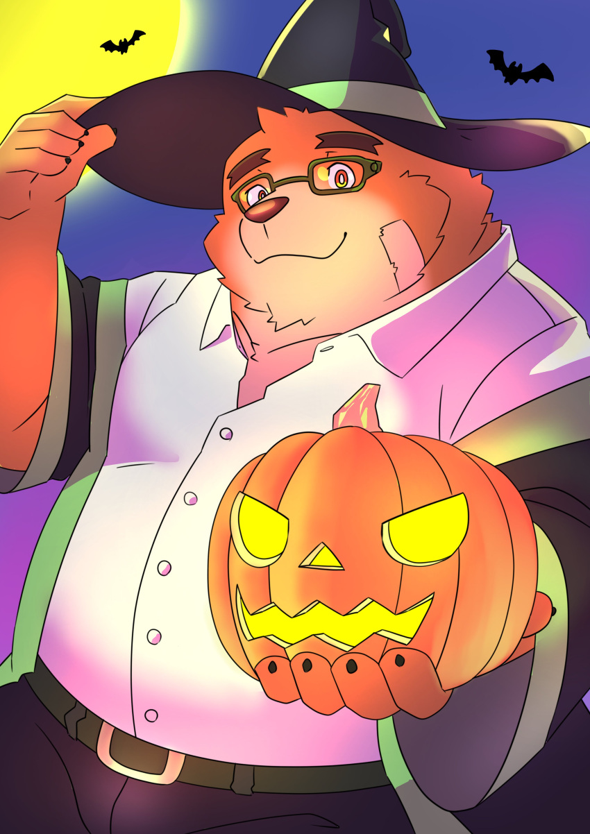 2023 absurd_res anthro band-aid bandage bear belly bottomwear brown_body clothing costume eyewear glasses halloween halloween_costume hat headgear headwear hi_res holidays humanoid_hands jack-o'-lantern kemono lifewonders male mammal overweight overweight_male pants penguin0700 shirt solo tokyo_afterschool_summoners topwear volos_(tas) wizard_hat