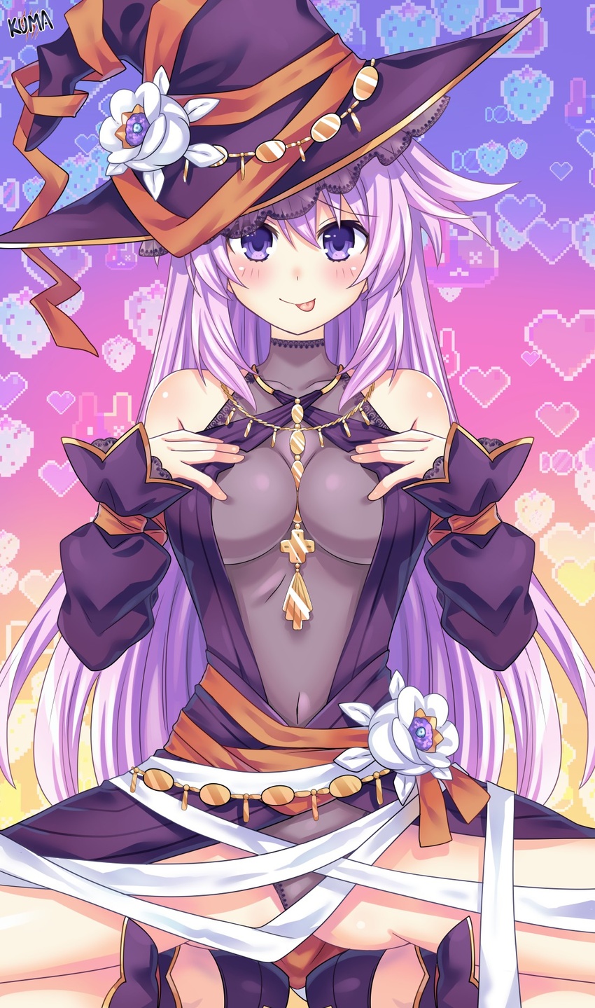 :p adult_neptune alternate_costume ass bare_legs bare_shoulders blush breasts closed_mouth covered_navel detached_sleeves dress female flower hair_between_eyes halloween hands_on_own_chest happy_halloween hat hat_flower heart heart_background highres lewdkuma long_hair medium_breasts neptune_(series) panties purple_dress purple_eyes purple_hair purple_panties see-through smile solo spread_legs squatting tongue tongue_out underwear very_long_hair witch_hat