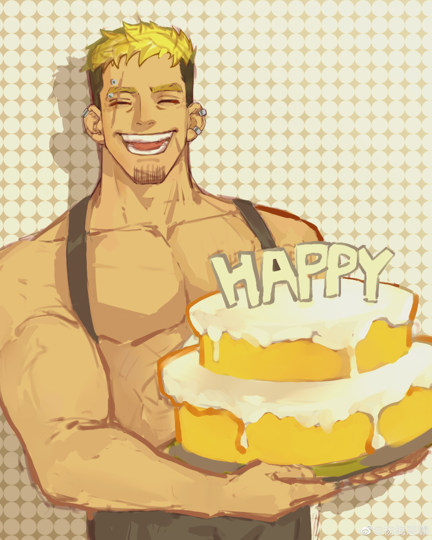 1boy :d absurdres bara birthday blonde_hair cake facial_hair facing_viewer food goatee gyee highres holding holding_cake holding_food large_pectorals male_focus mature_male muscular muscular_male original pectorals romg scar scar_across_eye scar_on_face short_hair smile solo suspenders thick_eyebrows undercut upper_body yang_mei_e_ba