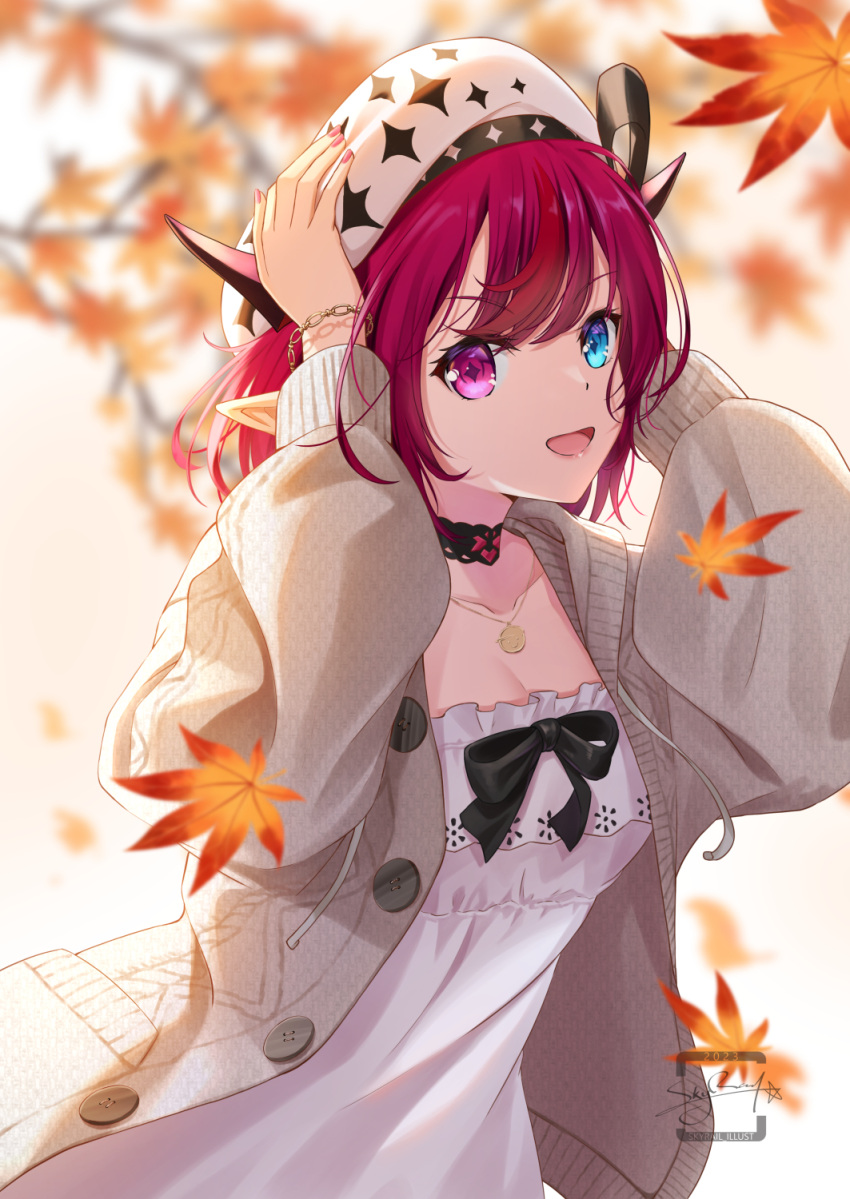 autumn_leaves beret black_choker blue_eyes breasts brown_cardigan cardigan choker cleavage dress female hat heterochromia highres hololive hololive_english horns irys_(casualrys)_(hololive) irys_(hololive) lace-trimmed_choker lace_trim looking_at_viewer medium_breasts medium_hair multicolored_hair official_alternate_costume open_mouth pointy_ears purple_hair red_eyes skyrail smile solo two-tone_hair virtual_youtuber white_dress white_hat