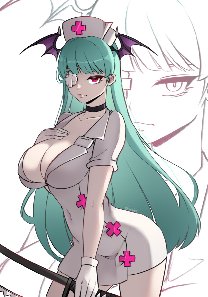 absurdres breasts cleavage collarbone cosplay cowboy_shot cross female green_hair hat head_wings highres long_hair morrigan_aensland nurse_cap red_eyes shinibun skullgirls solo valentine_(skullgirls) valentine_(skullgirls)_(cosplay) vampire_(game) wings