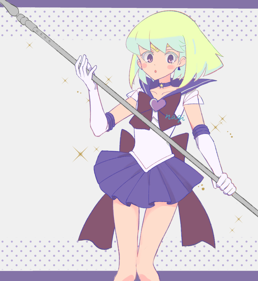 1boy :o alternate_costume back_bow bishoujo_senshi_sailor_moon blush_stickers bow choker circlet cosplay crossdressing earrings elbow_gloves gloves green_hair highres holding holding_scythe jewelry lio_fotia magical_girl male_focus otoko_no_ko pleated_skirt promare purple_choker purple_eyes purple_sailor_collar purple_skirt red_bow sailor_collar sailor_saturn sailor_saturn_(cosplay) sailor_senshi_uniform scythe short_hair short_sleeves sidelocks silence_glaive skirt solo sparkle star_(symbol) star_choker thigh_gap thighs triangle_earrings white_gloves xyz008