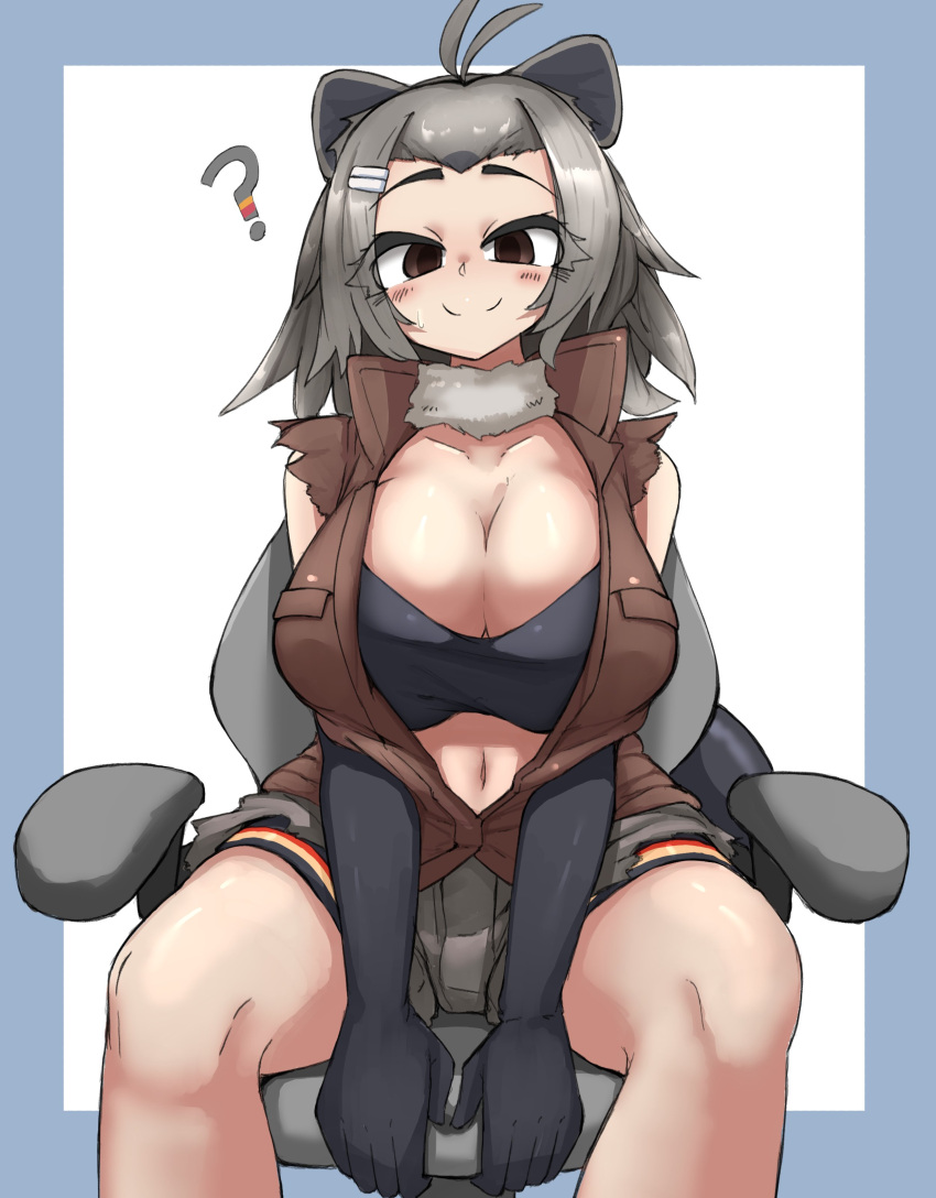 ? absurdres alternate_breast_size american_beaver_(kemono_friends) animal_ears antenna_hair bare_shoulders beaver_ears beaver_tail bike_shorts bike_shorts_under_shorts black_gloves breast_pocket breasts brown_eyes brown_vest chair cleavage closed_mouth collared_vest curvy detached_collar elbow_gloves feet_out_of_frame female fur_collar gloves grey_hair hair_ornament hairclip high_collar highres huge_breasts kemono_friends legs_apart long_hair looking_at_viewer navel on_chair pocket shorts sitting smile solo stomach straight-on swivel_chair tail urisaba vest