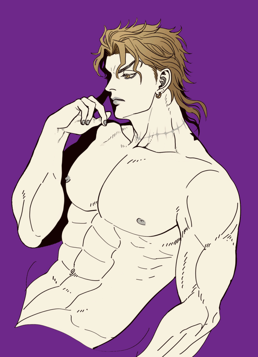 1boy abs birthmark blonde_hair commentary_request dio_brando ear_birthmark earrings frown highres jewelry joestar_birthmark jojo_no_kimyou_na_bouken male_focus muscular muscular_male nude purple_background solo stardust_crusaders upper_body yellow_eyes yonchi