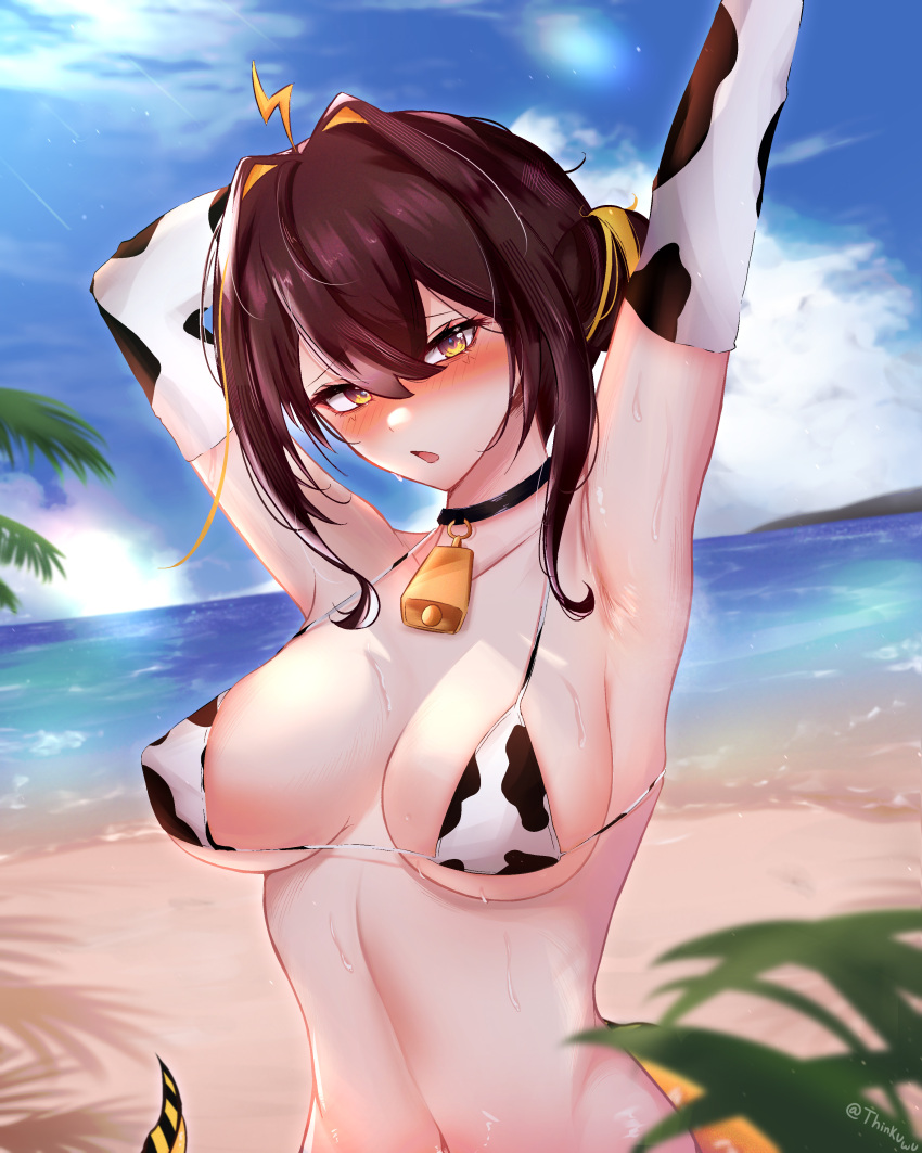 absurdres ahoge animal_print arm_up armpits beach bell bikini black_choker blonde_hair blue_sky blush breasts brown_hair choker cleavage cow_print cow_print_bikini cowbell eel_girl female fins fish_tail hair_bun highres idol_corp juna_unagi large_breasts lightning_ahoge long_hair looking_at_viewer navel open_mouth outdoors palm_leaf print_bikini sand single_hair_bun sky solo swimsuit tail thinkuwu virtual_youtuber water white_bikini yellow_eyes