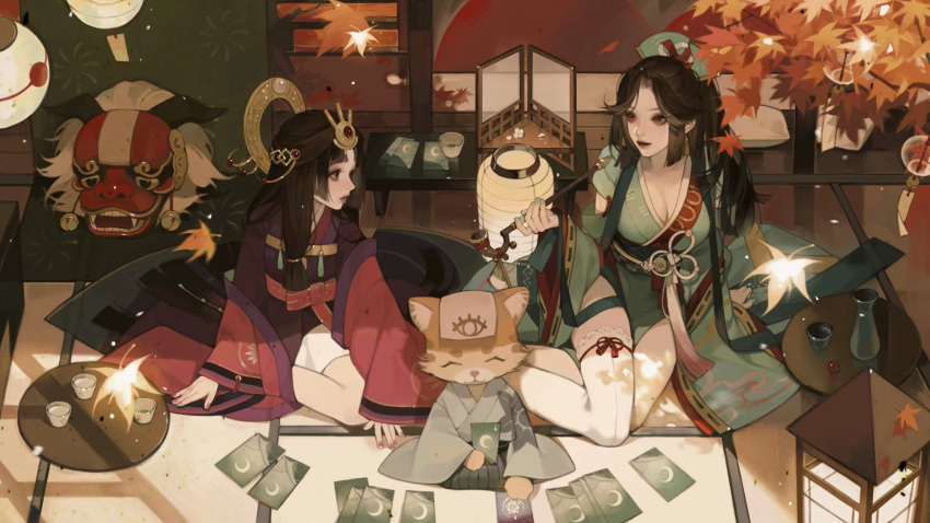 2girls alcohol andon_(lighting) animal arm_support bell blunt_ends blunt_tresses branch breasts card character_request cleavage clothed_animal cup dappled_sunlight detached_sleeves enenra_(onmyoji) eye_print eyeliner falling_leaves feline forehead_protector from_above full_body green_headwear green_kimono hair_ribbon hakama hand_up haori hat headgear highres hime_cut holding holding_card holding_smoking_pipe indoors iotaectoplasm japanese_clothes jewelry jingle_bell kaguya_hime_(onmyoji) kimono kiseru lantern large_breasts leaf leg_ribbon light_particles lion_dance long_hair looking_at_another looking_to_the_side makeup maple_leaf multiple_girls nail_polish necklace obi off_shoulder on_floor onmyoji onmyoji:_the_card_game paper_lantern parted_bangs petals playing_card red_kimono red_nails ribbon ribbon-trimmed_sleeves ribbon_trim sake sash shishimai short_eyebrows sidelocks sitting smoking_pipe sunlight table tatami thigh_ribbon thighhighs tokkuri tray tress_ribbon very_long_hair wariza white_thighhighs wide_sleeves wind_chime window_shadow yokozuwari