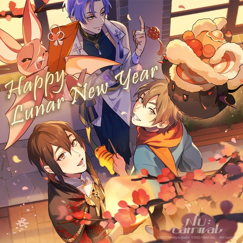 3boys aster_(nu_carnival) bat_(animal) brown_eyes brown_hair cherry_blossoms chinese_clothes eiden_(nu_carnival) floral_print gem happy_new_year heterochromia kuya_(nu_carnival) letter light_brown_hair long_sleeves mole mole_under_eye morvay_(nu_carnival) multicolored_hair multiple_boys nu_carnival official_art orange_eyes orange_hair orange_scarf purple_eyes purple_hair scarf short_hair slit_pupils smile tassel tiger tiger_cub toy two-tone_hair yakumo_(nu_carnival) yellow_eyes