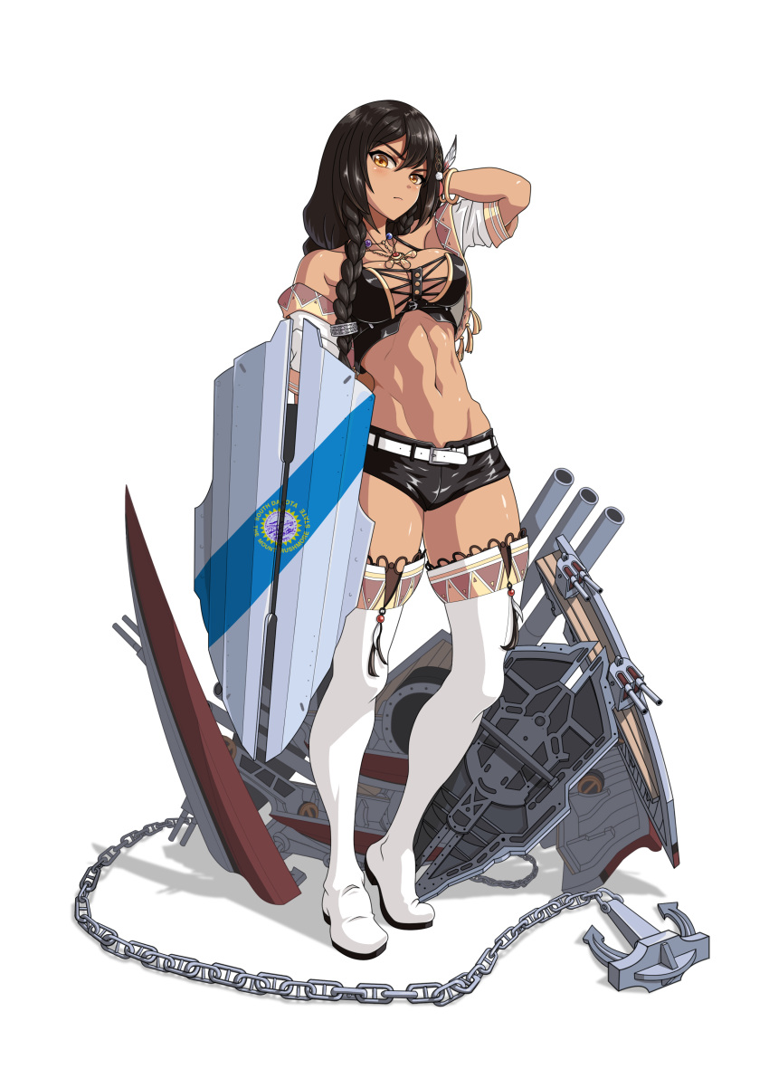 absurdres anchor azur_lane bare_shoulders black_hair boots braid breasts brown_eyes commentary_request copyright_name crop_top dark-skinned_female dark_skin feather_hair_ornament feathers female hair_between_eyes hair_ornament highres jewelry large_breasts long_hair looking_at_viewer machinery native_american navel necklace photoshop_(medium) renirevenge rigging shield shorts solo south_dakota_(azur_lane) tan thigh_boots thighhighs thighhighs_under_boots title turret white_background white_footwear