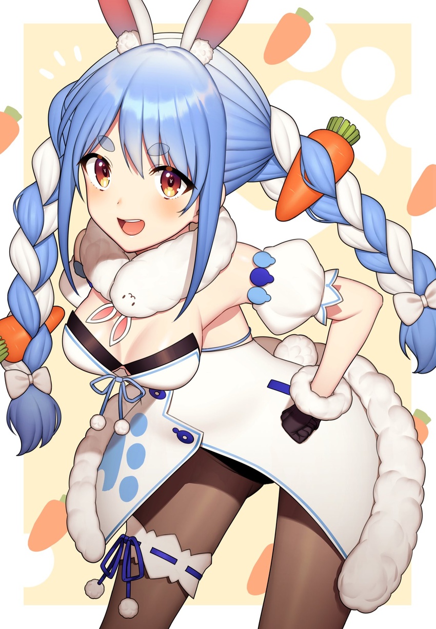 animal_ear_fluff animal_ears blush braid breasts carrot_hair_ornament commentary_request don-chan_(usada_pekora) female food-themed_hair_ornament gloves hair_ornament highres hololive long_braid long_hair looking_at_viewer multicolored_hair open_mouth orange_eyes rabbit_ears rabbit_girl rabbit_tail simple_background solo tail thick_eyebrows twin_braids usada_pekora usada_pekora_(1st_costume) virtual_youtuber yoshihiro_(yoshihiro12190)