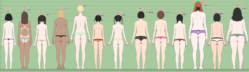 6+girls absurdres ass back bad_id bad_pixiv_id barefoot black_hair black_legwear blue_panties braid breasts brown_hair cup_size dark-skinned_female dark_skin full_body green_panties grey_panties gyaru height_chart height_difference highres huge_breasts kuzukago_(bitchmaker) large_breasts long_hair medium_breasts multiple_girls one-piece_tan orange_hair orange_panties original panties polka_dot polka_dot_panties purple_panties red_panties reference_sheet short_hair short_twintails size_difference small_breasts star_(symbol) star_print tall tall_female tan tanlines topless twin_braids twintails underwear