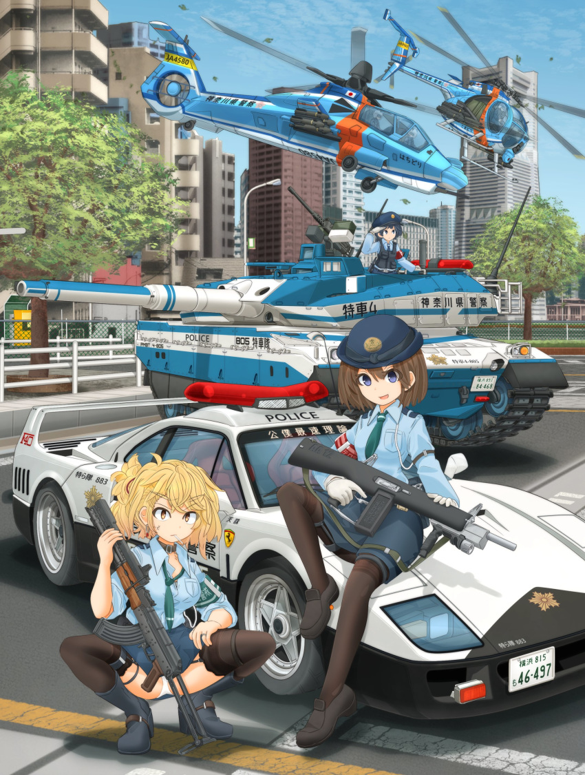 3girls aa-12 absurdres aircraft akm akms armband assault_rifle blonde_hair blue_sky boots brown_hair browning_m2 building cannon car caterpillar_tracks city cityscape cloud cloudy_sky collar day earrings female_service_cap ferrari ferrari_f40 flying gloves green_armband gun hat heavy_machine_gun helicopter highres holding holding_gun holding_weapon hughes_500d japanese_national_police_agency_(emblem) jewelry kalashnikov_rifle lamppost long_sleeves looking_at_viewer machine_gun mikeran_(mikelan) military military_vehicle miniskirt missile missile_pod motor_vehicle multiple_girls original outdoors panties pantyhose pantyshot pilot_helmet pleated_skirt police police_badge police_car police_hat police_helicopter police_uniform policewoman rah-66_comanche red_armband rifle road scenery shirt shotgun skirt sky skyscraper sports_car squatting street tank tank_turret thighhighs tree trigger_discipline turret type_10_(tank) underwear uniform vehicle_focus weapon yokohama_landmark_tower