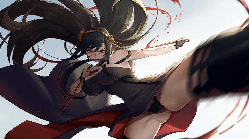 absurdres black_dress black_hair black_panties blood blood_on_face blood_on_weapon blood_splatter breasts cy9 dress female hair_ornament hairband highres kicking large_breasts long_hair motion_blur panties solo spy_x_family two-sided_dress two-sided_fabric underwear weapon yor_briar