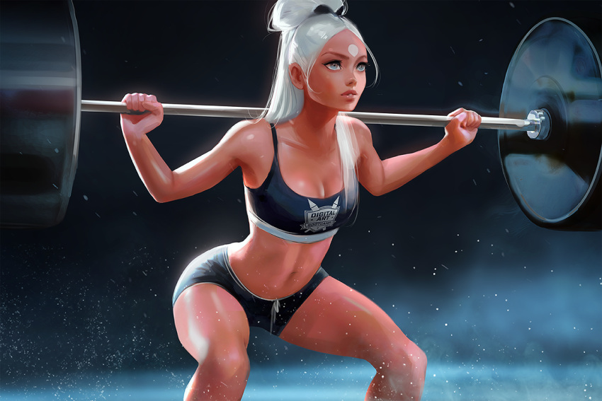 black_sports_bra blue_eyes breasts cleavage collarbone dark_background exercising female gym lips long_hair looking_ahead medium_breasts nima_(ross_tran) original ross_tran short_shorts shorts sports_bra thighs weightlifting white_hair