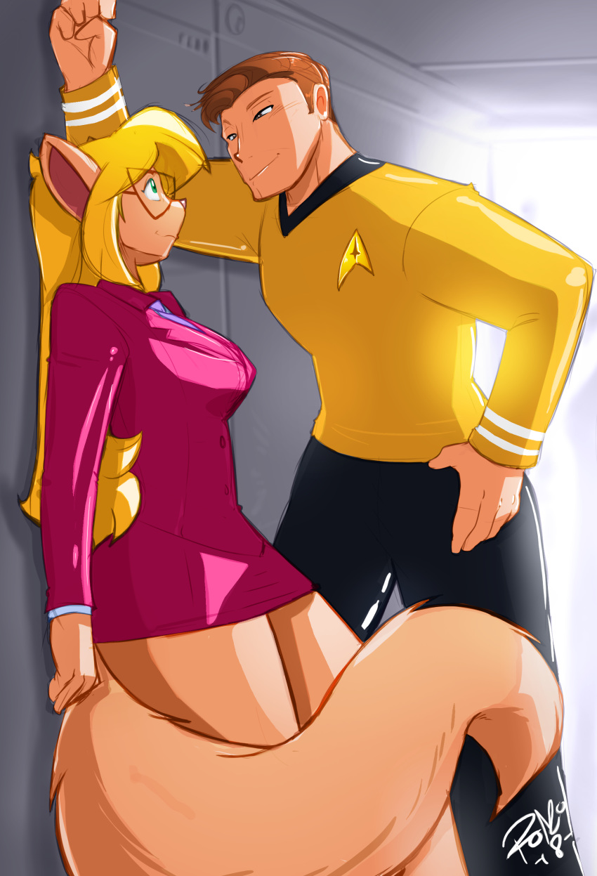 2018 absurd_res alien anthro breasts callie_briggs cleavage clothed clothing crossover domestic_cat duo eyewear felid feline felis female glasses hanna-barbera hi_res human human_on_anthro interspecies james_t._kirk male male/female mammal shonuff space standing star_trek star_trek_the_original_series swat_kats