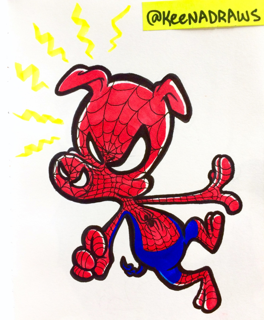 2_toes absurd_res anthro clothed clothing costume curled_tail domestic_pig feet hi_res keenadraws male mammal marker_(artwork) marvel mask simple_background solo spider-ham spider-ham_(character) spider-man:_into_the_spider-verse spider-man_(series) spider_sense suid suina superhero sus_(pig) toes toony traditional_media_(artwork) white_background