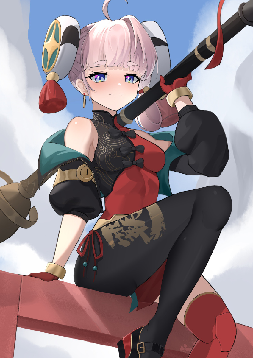 absurdres ahoge arm_up asymmetrical_legwear bare_shoulders black_jacket black_pantyhose blue_eyes breasts bun_cover china_dress chinese_clothes cropped_jacket dai_mao_xuan_yi dress earrings female giant_brush gloves highres holding holding_paintbrush jacket jewelry knee_up liu_huo_(tower_of_fantasy) long_sleeves looking_at_viewer medium_breasts off_shoulder open_clothes open_jacket paintbrush pantyhose pelvic_curtain pink_hair red_dress red_gloves red_thighhighs short_dress short_hair single_leg_pantyhose single_thighhigh sitting smile solo thick_eyebrows thighhighs tower_of_fantasy