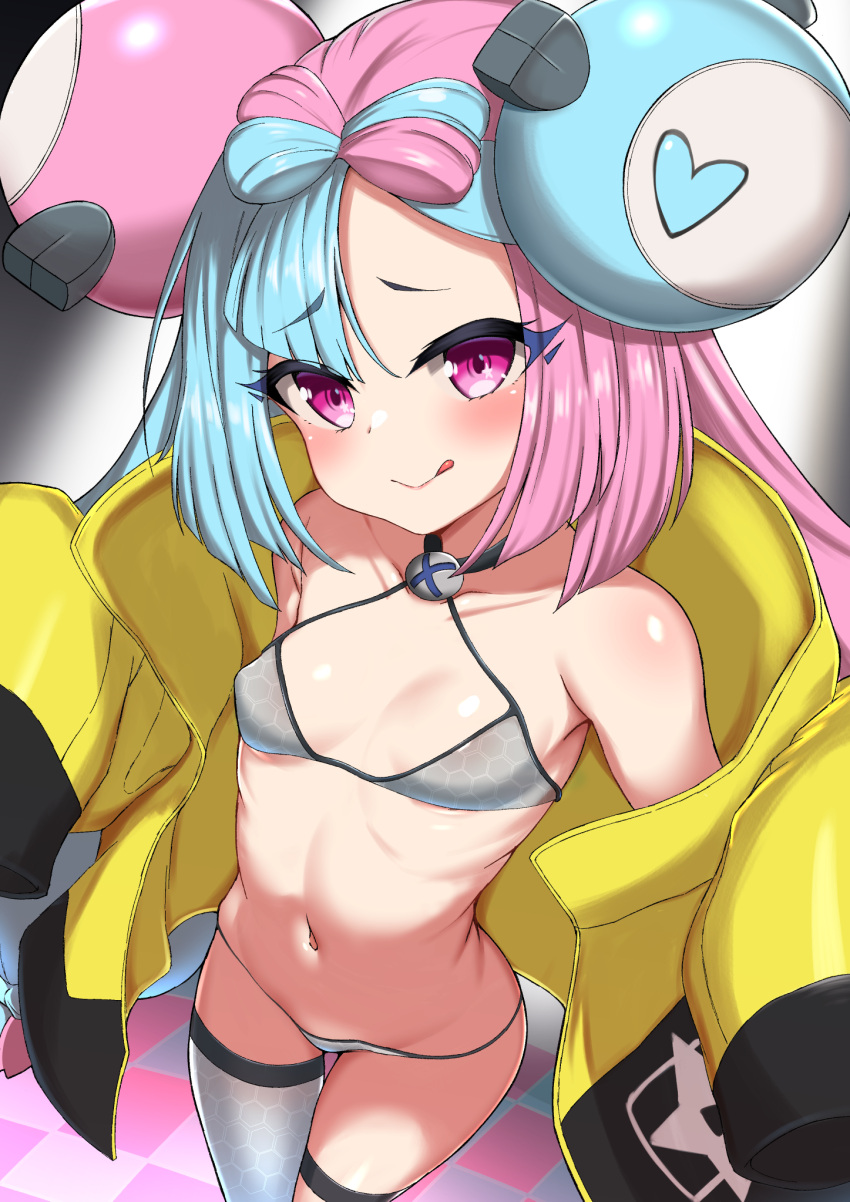 asymmetrical_legwear bikini black_jacket bow-shaped_hair character_hair_ornament closed_mouth collarbone coyomin female grey_thighhighs hair_ornament hexagon_print highres iono_(pokemon) jacket long_hair long_sleeves low-tied_long_hair magnemite mismatched_legwear multicolored_clothes multicolored_hair multicolored_jacket open_clothes open_jacket oversized_clothes pink_hair pokemon pokemon_sv print_bikini single_thighhigh sleeves_past_fingers sleeves_past_wrists split-color_hair swimsuit thigh_strap thighhighs tongue tongue_out two-tone_hair two-tone_jacket very_long_sleeves wide_sleeves x yellow_jacket