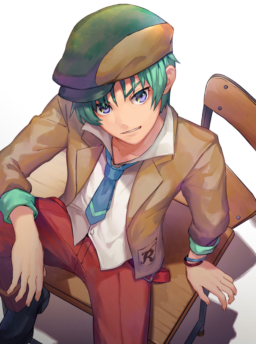 1boy bad_id bad_pixiv_id belt beret boots coat commentary_request desk fingerless_gloves fingernails from_above gloves green_hair grey_eyes grin hat highres looking_up male_focus necktie pants penguu_(green528) shoes sitting smile solo spada_belforma tales_of_(series) tales_of_innocence