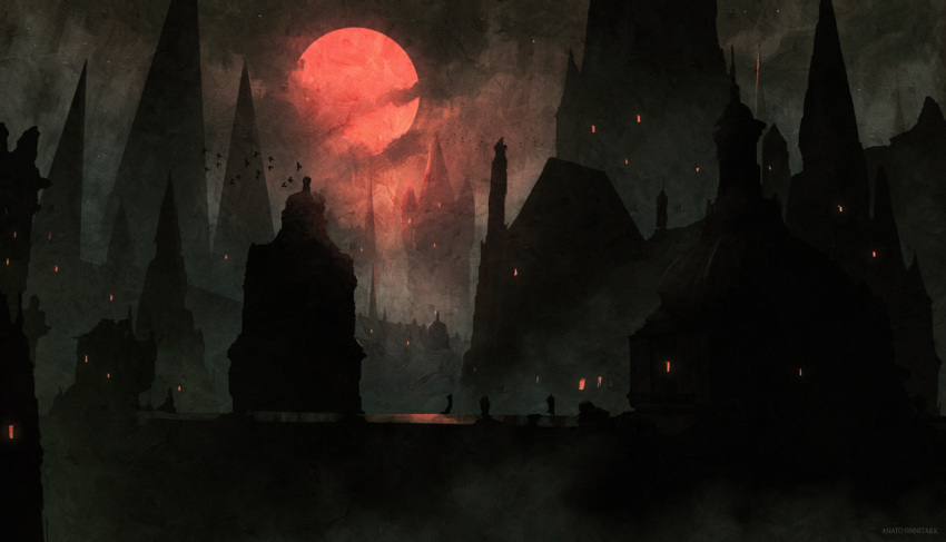 anatofinnstark artist_name bloodborne building cloud cloudy_sky fog full_moon moon night no_humans outdoors red_moon scenery sky spot_color yharnam