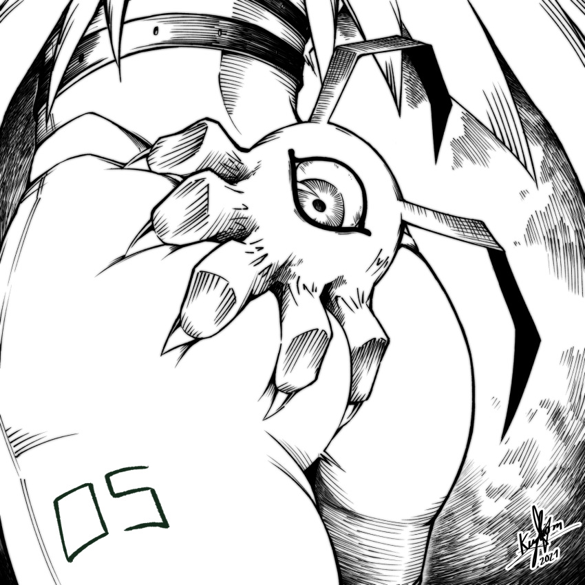 2021 angewomon ass ass_grab bad_id bad_pixiv_id claws commentary commentary_typo digimon digimon_(creature) english_commentary female from_behind greyscale highres inktober keyliom long_hair lower_body monochrome number_tattoo one-eyed signature solo tattoo thighs tsumemon zoophilia