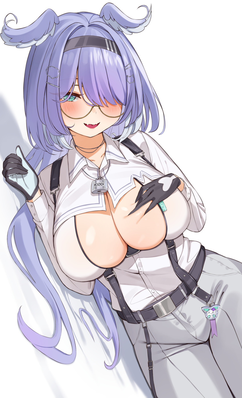 absurdres aqua_eyes belt blue_hair blush breasts choco_tanuki cleavage cleavage_cutout clothing_cutout collared_shirt elira_pendora elira_pendora_(4th_costume) famelira_(elira_pendora) female glasses gloves hair_over_one_eye hairband head_wings highres large_breasts long_hair lying nijisanji nijisanji_en on_side open_mouth pants round_eyewear shirt simple_background smile solo suspenders virtual_youtuber white_background white_shirt wings