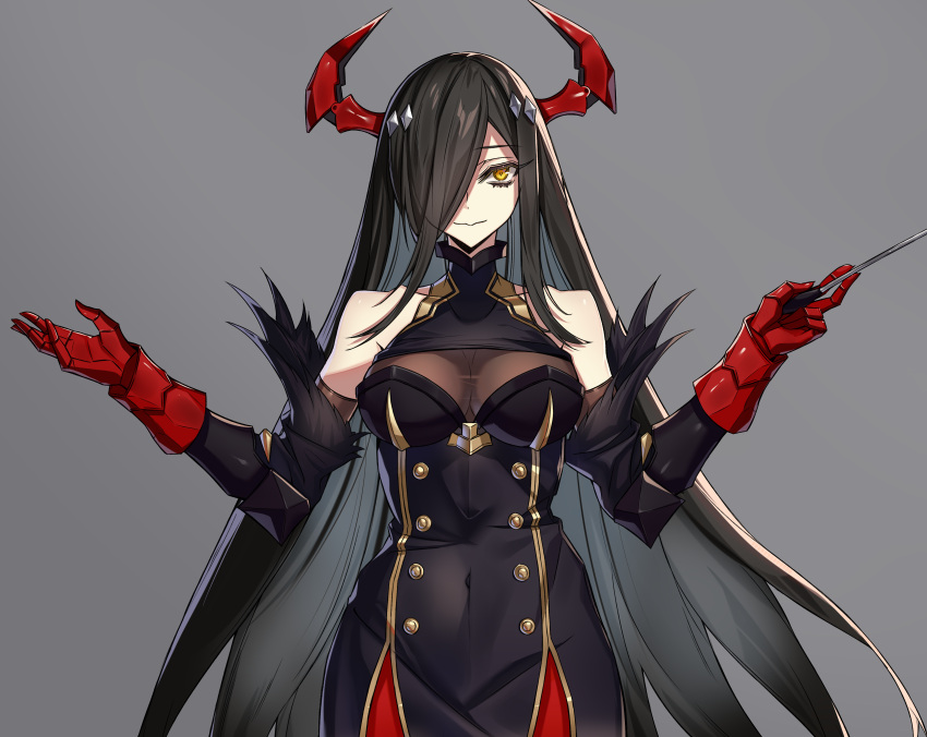 absurdres azur_lane bare_shoulders black_eyeliner black_feathers black_hair black_sleeves breasts cleavage covered_navel detached_sleeves eyeliner feathers female friedrich_der_grosse_(azur_lane) gold_trim hands_up highres holding_baton horns large_breasts long_hair looking_at_viewer makeup mechanical_hands mechanical_horns ouka_(sakura_oinari) red_horns solo thick_eyelashes very_long_hair yellow_eyes