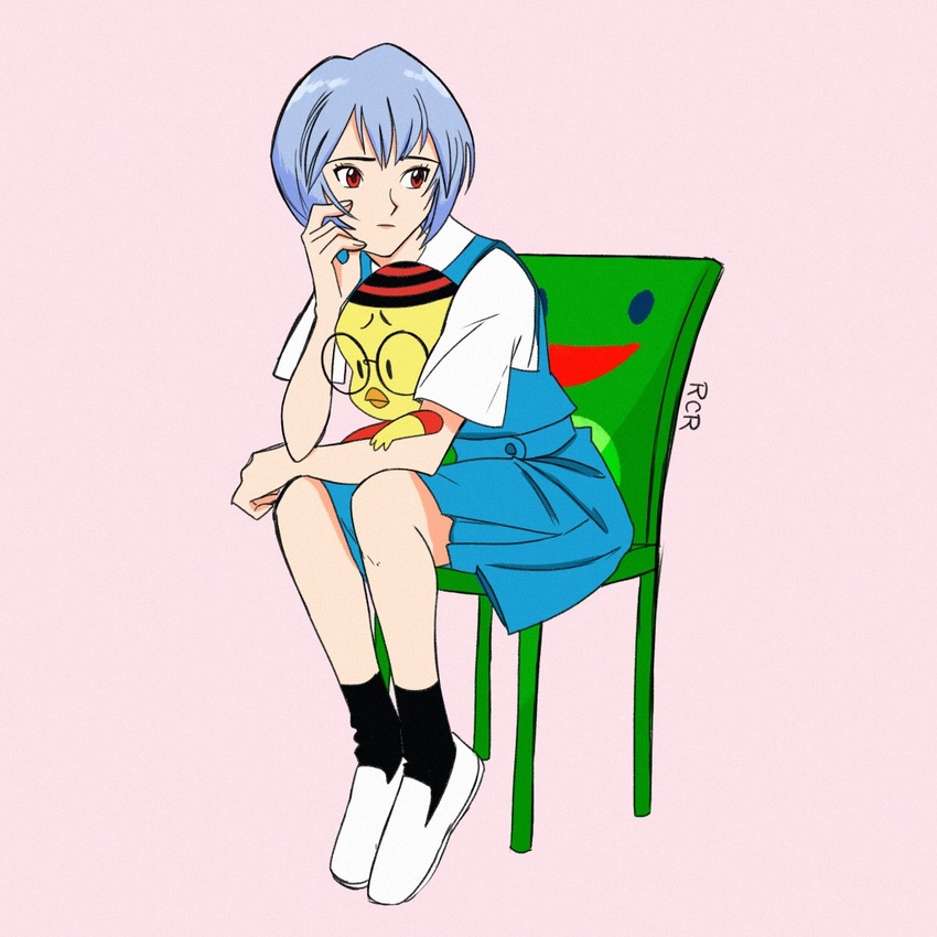 1:1 animal_crossing avian bird black_clothing black_footwear black_socks blue_hair chair chicken clothing crossover duo egghead_jr eyewear female footwear froggy_chair furniture galliform gallus_(genus) glasses hair human looney_tunes male mammal neon_genesis_evangelion nintendo phasianid rafacr red_eyes rei_ayanami short_hair simple_background sitting socks warner_brothers white_clothing white_footwear