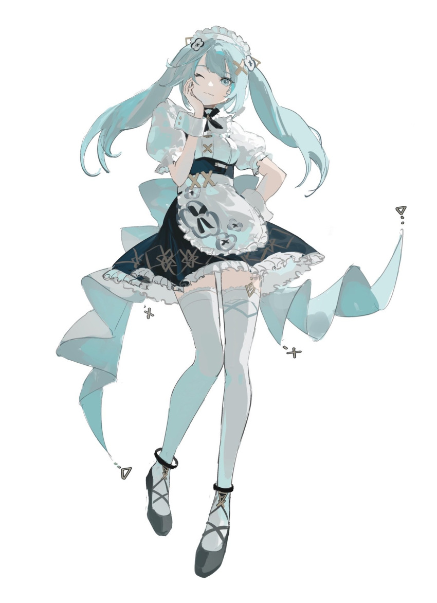 aco_gbfg apron aqua_hair black_footwear closed_mouth faruzan_(cafe)_(genshin_impact) faruzan_(genshin_impact) female full_body genshin_impact green_eyes hair_ornament hand_on_own_cheek hand_on_own_face highres long_hair looking_at_viewer maid maid_apron maid_headdress official_alternate_costume one_eye_closed puffy_sleeves simple_background smile solo thighhighs twintails white_background white_thighhighs x_hair_ornament