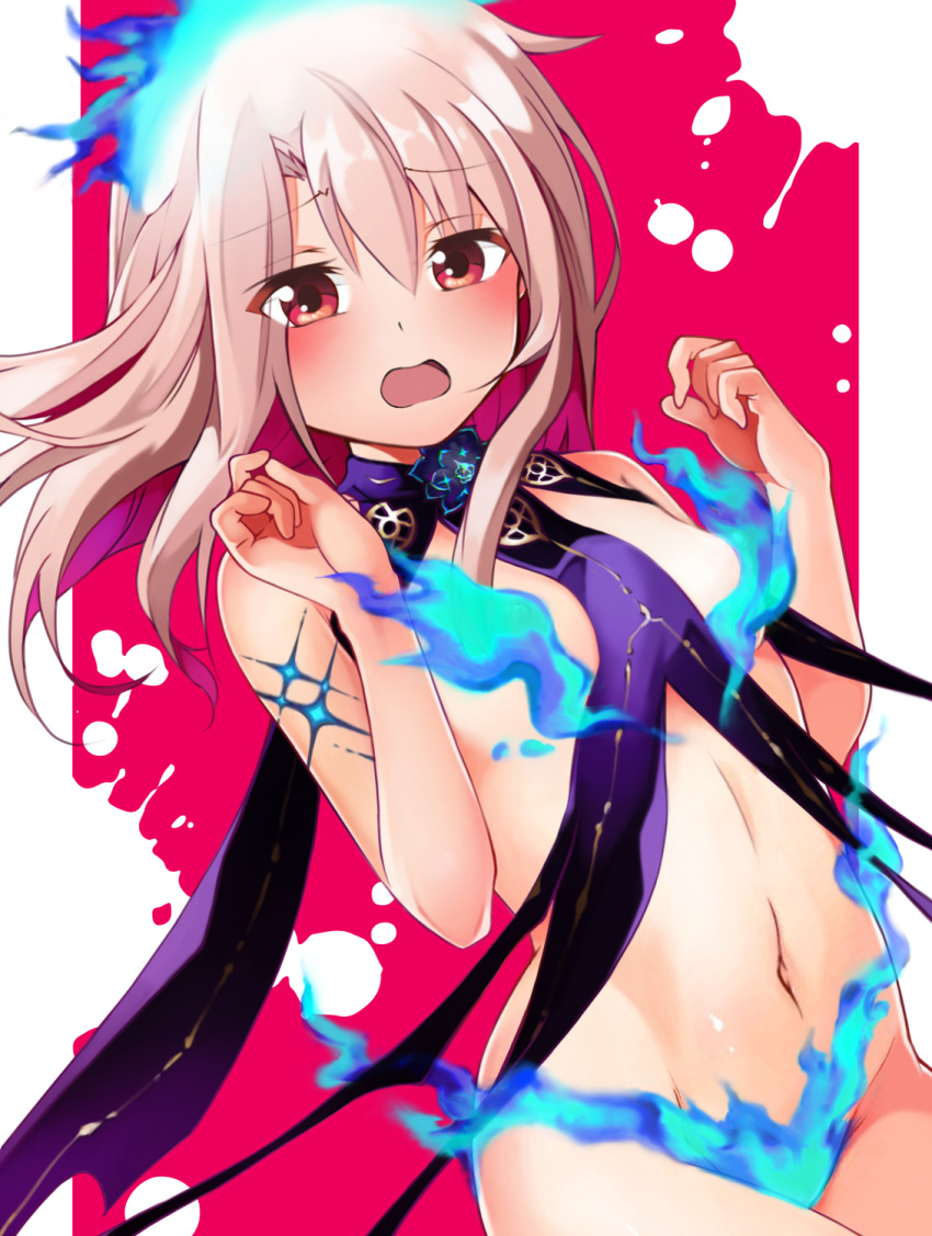 bare_shoulders blue_fire blush body_markings bracelet breasts cosplay earrings fate/kaleid_liner_prisma_illya fate_(series) female fire flower hair_between_eyes highres illyasviel_von_einzbern jewelry kama_(fate) kama_(swimsuit_avenger)_(fate) kama_(swimsuit_avenger)_(fate)_(cosplay) kama_(swimsuit_avenger)_(third_ascension)_(fate) long_hair looking_at_viewer lotus mochi_(k620803n) multicolored_hair navel open_mouth purple_hair red_eyes revealing_clothes revision ribbon sidelocks small_breasts solo star_(symbol) star_earrings two-tone_hair white_hair