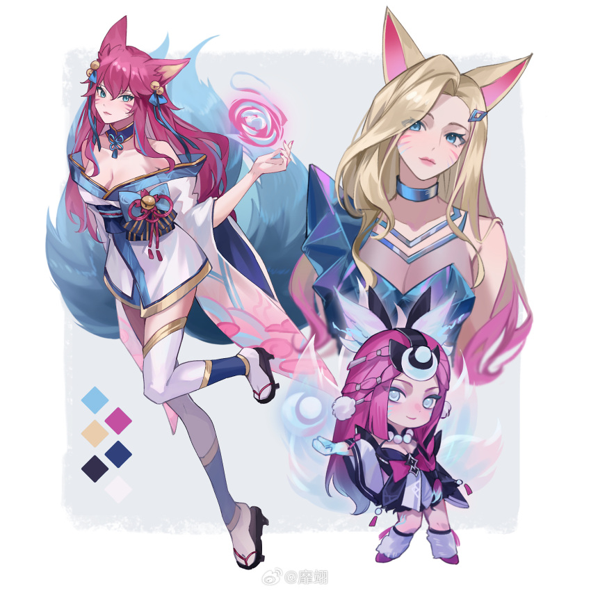 3girls ahri_(league_of_legends) animal_ears blonde_hair blue_eyes breasts chinese_commentary cleavage closed_mouth facial_mark fingernails fox_ears fox_girl fox_tail green_eyes grey_eyes hair_between_eyes hair_ornament hairclip highres k/da_all_out_ahri league_of_legends light_blush long_hair looking_at_viewer miix777 multiple_girls multiple_persona multiple_tails multiple_views nail_polish official_alternate_costume official_alternate_hairstyle pink_hair pink_nails sidelocks simple_background smile snow_moon_ahri spirit_blossom_ahri standing tail whisker_markings