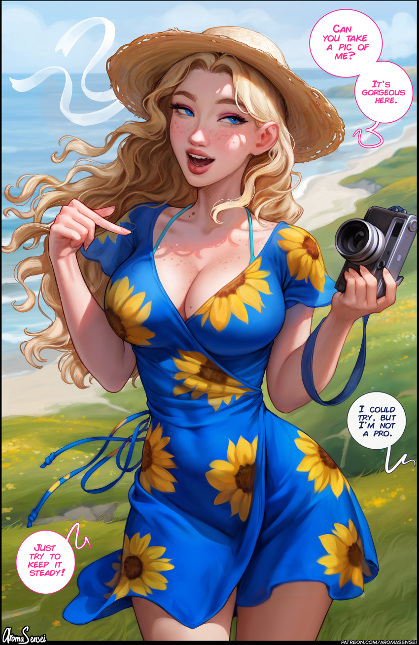 absurdres aroma_sensei artist_name beach bikini bikini_under_clothes black_border blonde_hair blue_dress blue_eyes border breasts camera cleavage collarbone covered_navel cowboy_shot curvy dress english_text female floating_hair floral_print freckles grass haley_(stardew_valley) hat highres holding holding_camera large_breasts long_hair looking_to_the_side mole mole_on_breast nose open_mouth outdoors parted_hair patreon_username short_dress sky smile solo speech_bubble stardew_valley straw_hat swimsuit v-neck wide_hips wind wind_lift