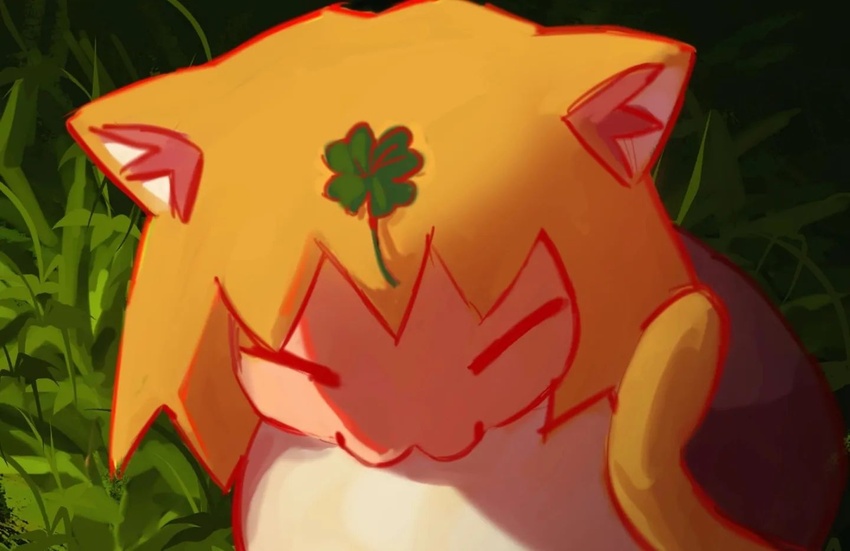 animal_humanoid blonde_hair bottomwear cat_humanoid cat_smile closed_eyes clothing clover_(plant) clover_leaf digital_drawing_(artwork) digital_media_(artwork) digital_painting_(artwork) domestic_cat felid felid_humanoid feline feline_humanoid felis female four_leaf_clover grass hair humanoid inner_ear_fluff leaf light_body light_skin loaf lying mammal mammal_humanoid nature nature_background neco-arc neco_spirit night object_on_head on_front paccha_(artist) plant purple_bottomwear purple_clothing purple_skirt red_inner_ear_fluff shaded skirt solo sweater tail topwear tsukihime tuft type-moon white_clothing white_sweater white_topwear yellow_tail