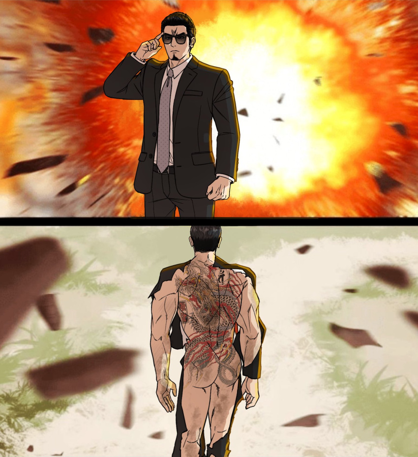 1boy ass back back_tattoo black_suit business_suit cdtxufre explosion formal from_behind highres kiryu_kazuma male_focus necktie poverty_outfit ryuu_ga_gotoku ryuu_ga_gotoku_(series) ryuu_ga_gotoku_7_gaiden solo suit sunglasses tattoo wardrobe_malfunction