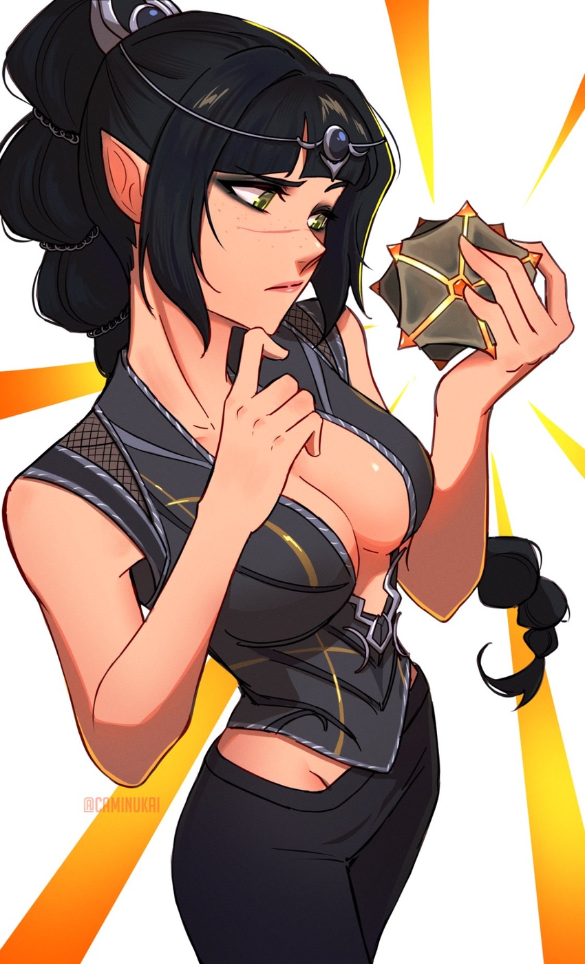 baldur's_gate baldur's_gate_3 bare_shoulders black_hair black_pants black_shirt breasts caminukai cleavage closed_mouth commentary dungeons_&_dragons elf english_commentary female freckles green_eyes hair_ornament hand_on_own_chin highres holding icosahedron lips long_hair medium_breasts multi-tied_hair mysterious_artefact_(baldur's_gate_3) pants pink_lips pointy_ears scar scar_on_face shadowheart_(baldur's_gate) shirt sleeveless sleeveless_shirt solo twitter_username