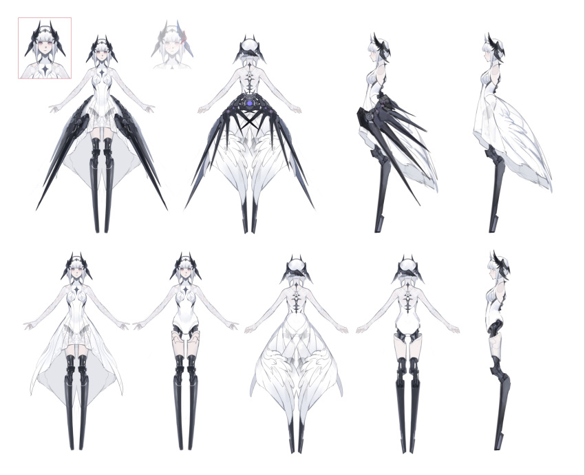 a-pose armor armored_dress backless_dress backless_outfit bare_shoulders blunt_bangs bob_cut bodypaint breasts chinese_commentary circlet commentary concept_art cyborg dress elbow_sleeve feathered_wings female floral_print floral_print_dress full_body high-low_skirt highres joints liv:_luminance_(punishing:_gray_raven) liv_(punishing:_gray_raven) low_wings mechanical_parts mechanical_spine mechanical_wings meru02295238 multiple_views no_feet official_art pink_hair punishing:_gray_raven reverse-jointed_legs robot_joints short_hair simple_background sleeveless sleeveless_dress small_breasts white_background white_dress white_hair winged_hair_ornament wings