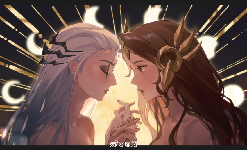 2girls absurdres artist_name black_eyeshadow brown_eyes brown_hair closed_eyes collarbone diana_(league_of_legends) eyeshadow hair_slicked_back highres holding_hands interlocked_fingers league_of_legends leona_(league_of_legends) long_hair looking_at_another makeup miix777 multiple_girls nude upper_body white_hair yuri