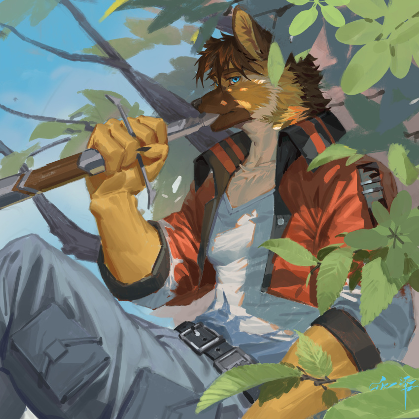 1:1 absurd_res anthro awaldkize blue_bottomwear blue_clothing blue_eyes blue_pants bottomwear brown_hair canid clothed clothing fur hair hi_res holding_melee_weapon holding_object holding_sword holding_weapon jacket leaf male mammal melee_weapon orange_body orange_fur pants red_clothing red_jacket red_topwear short_hair sitting solo sword tan_body tan_fur topwear weapon white_clothing white_topwear