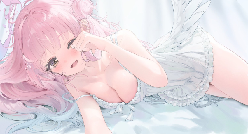 angel_wings bare_arms blue_archive blush breasts cleavage collarbone dress feathered_wings female hair_bun halo large_breasts long_hair looking_at_viewer lying mika_(blue_archive) nightgown one_eye_closed open_mouth pink_hair pink_halo shaffelli single_side_bun smile solo strap_slip white_dress white_wings wings yellow_eyes