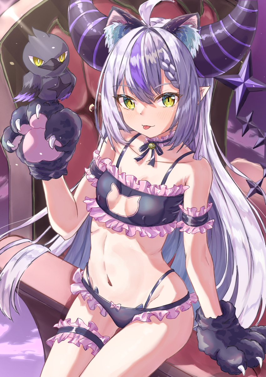 ahoge animal_ear_fluff animal_ears animal_hands bell black_bra black_horns bra braid braided_bangs breasts cat_cutout cat_ear_panties cat_ears cat_lingerie cat_paws clothing_cutout commentary_request cosplay crow_(la+_darknesss) female frilled_bra frilled_panties frills grey_hair hair_flowing_over highres hololive horns jingle_bell la+_darknesss long_hair meme_attire multicolored_hair navel neck_bell neck_ribbon onii-chan_wa_oshimai! oyama_mahiro oyama_mahiro_(cosplay) panties pointy_ears purple_hair qussie ribbon small_breasts streaked_hair striped_horns thigh_strap tongue tongue_out underwear underwear_only virtual_youtuber yellow_eyes