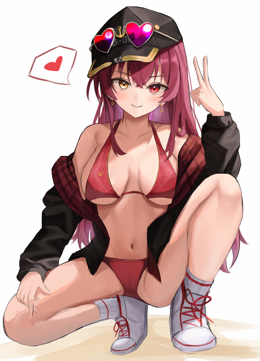 absurdres bikini black_hat black_jacket blush breasts closed_mouth commentary earrings eyewear_on_head female gold_earrings halterneck hat heart heart-shaped_eyewear heart_earrings heterochromia highres hoangryu hololive houshou_marine houshou_marine_(summer) jacket jacket_partially_removed jewelry long_hair long_sleeves looking_at_viewer medium_breasts off_shoulder official_alternate_costume open_clothes open_jacket parted_lips red_bikini red_eyes red_hair red_jacket shoes simple_background sitting smile socks solo split spoken_heart spread_legs squatting swimsuit two-sided_fabric two-sided_jacket v virtual_youtuber white_background white_footwear white_socks yellow_eyes