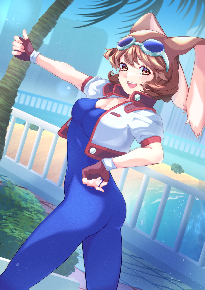 animal_ears beach blue_sky blue_unitard blush bodysuit breasts brown_eyes brown_hair buttons cleavage collarbone commentary_request covered_navel cropped_jacket day female fingerless_gloves gloves goggles goggles_on_head hand_on_own_hip highres jacket looking_at_viewer makihara_arina open_clothes open_mouth outdoors palm_tree puffy_short_sleeves puffy_sleeves rabbit_ears short_hair short_sleeves skin_tight sky small_breasts smile teeth thumbs_up tree unitard upper_teeth_only user_dttw2327 waku_waku_7 water