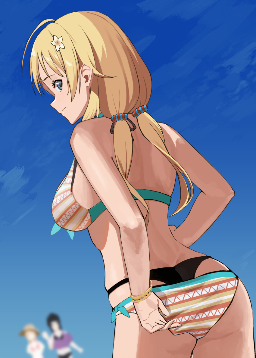 3girls absurdres adjusting_clothes adjusting_swimsuit ahoge ass back bare_shoulders beach bikini blonde_hair blurry blurry_background breasts butt_crack closed_mouth commentary cowboy_shot dutch_angle flower from_behind from_below garuku1120 hachimiya_meguru hair_flower hair_ornament highres idolmaster idolmaster_shiny_colors large_breasts layered_bikini long_hair looking_back low_twintails multiple_girls profile sideboob sky solo_focus swimsuit twintails