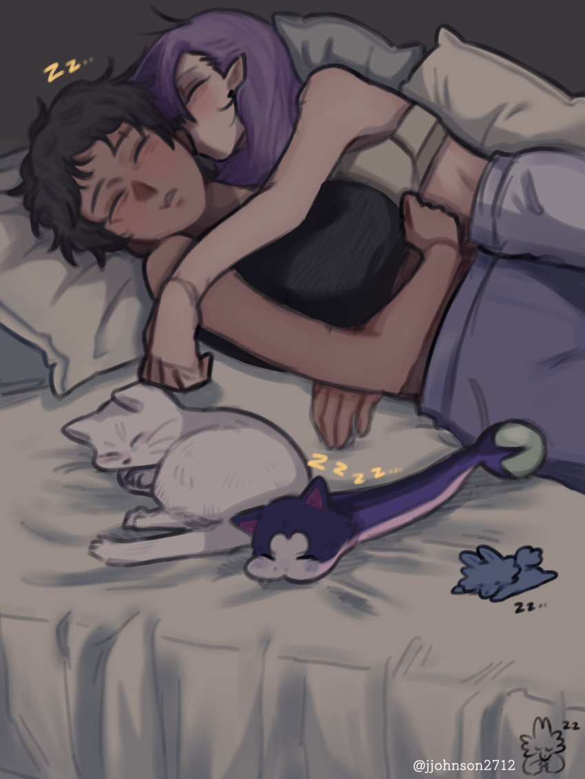 2girls amity_blight bed bra brown_hair closed_eyes couple crop_top cuddling dark-skinned_female dark_skin eyebrow_cut feline ghost_(the_owl_house) highres jjohnson2712 luz_noceda multiple_girls pillow pointy_ears purple_hair sleeping snake stringbean_(the_owl_house) the_owl_house underwear yuri